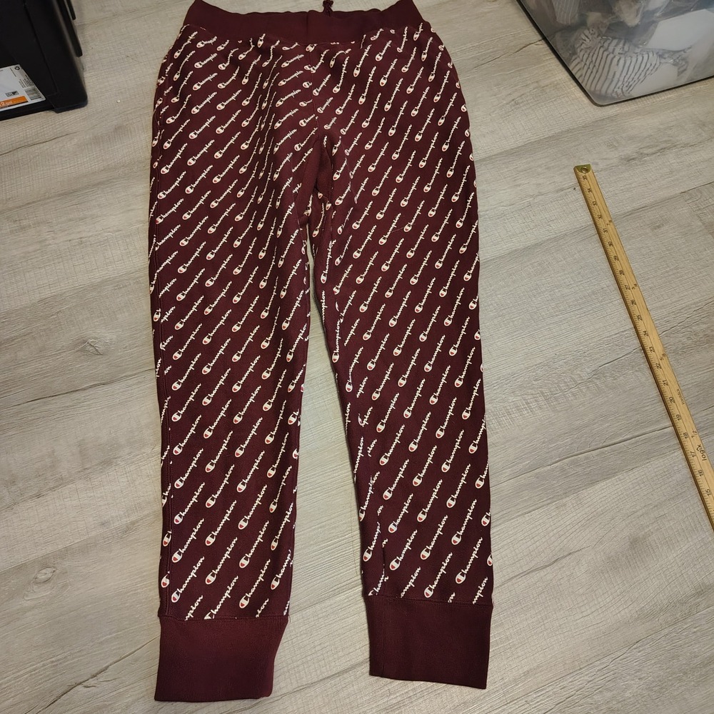 Champion Reverse Weave Joggers Maroon All Over Print Script Sweatpants Mens XL